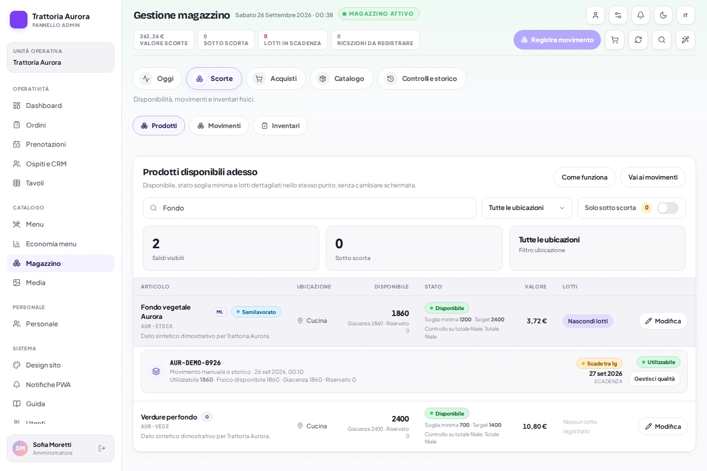 Magazzino Admin: lotto del fondo vegetale con quantità utilizzabile e scadenza vicina. Dati demo.